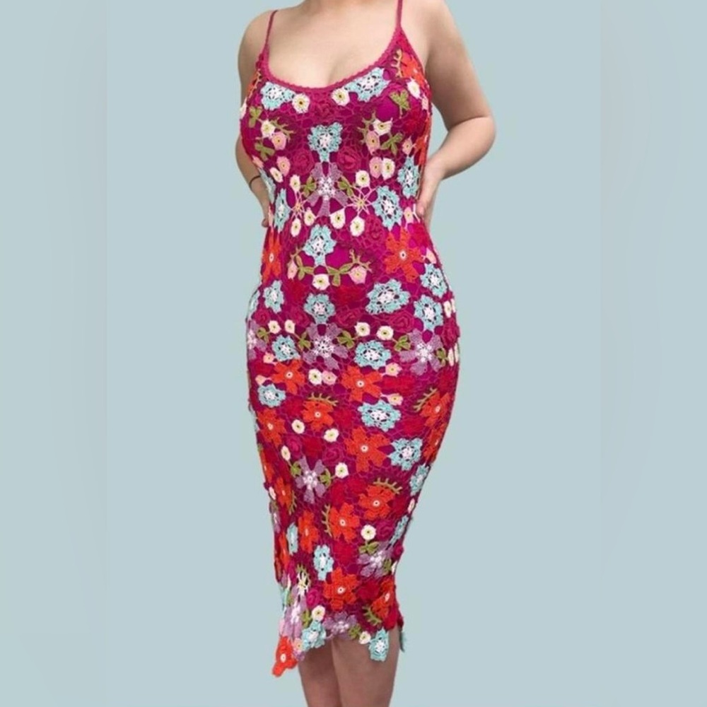 Floral Multicolored Crochet Knitting Midi Dress
